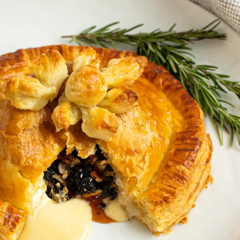Foryoueats: Baked Brie en Croûte with Honey, Dried Cherries, Pecans & Rosemary