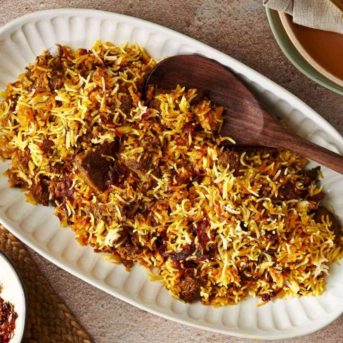 Lamb Biryani With Saffron, Yogurt, And Caramelized Onions Recipe Image