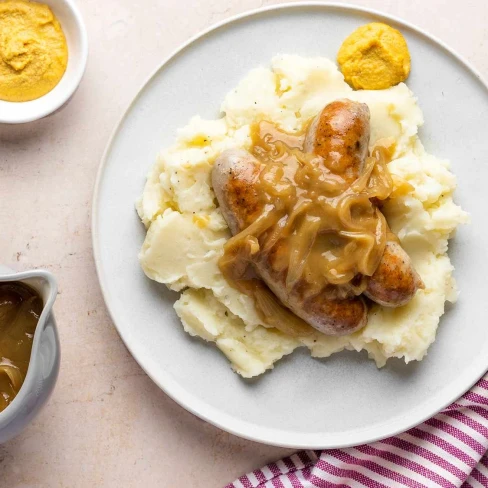 English Bangers and Mash with Onion Gravy Recipe Image