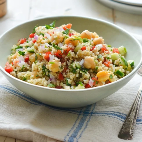 Bulgur Salad with Cucumbers, Red Peppers, Chick Peas, Lemon &amp; Dill Image