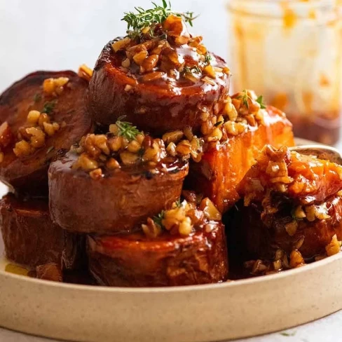 Fondant Slow-Roasted Sweet Potatoes - with Maple Butter Pecans Image