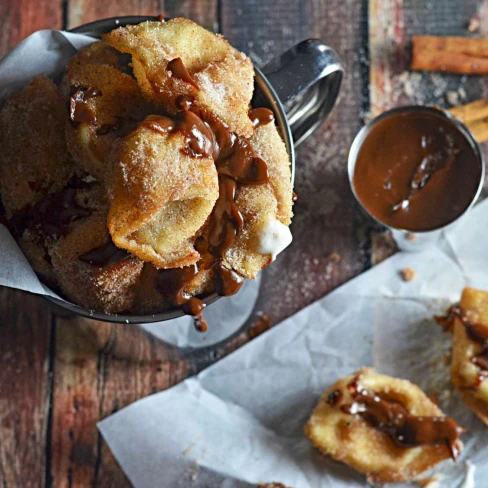 Crispy Cinnamon-Sugar-Coated Cream Cheese Wontons With Nutella-Dulce De Leche Dipping Sauce Recipe Image