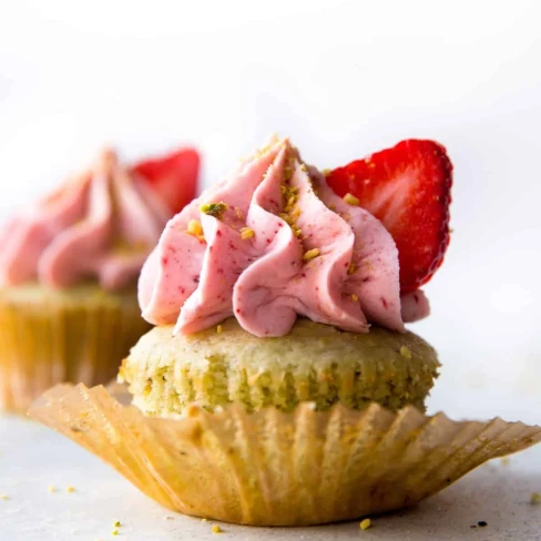 Pistachio Cupcakes with Strawberry Frosting Image