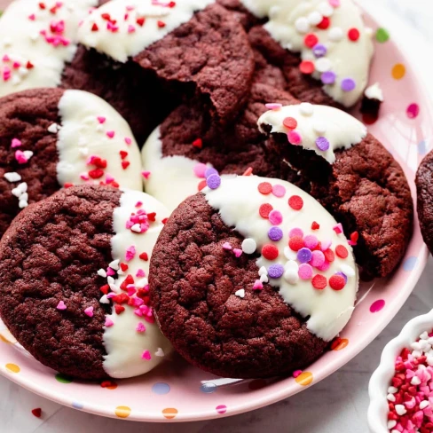 White Chocolate Dipped Red Velvet Cookies Image