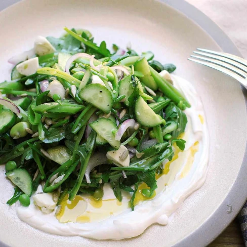 Spring Vegetable And Arugula Salad With Labneh And Cucumbers Recipe Image