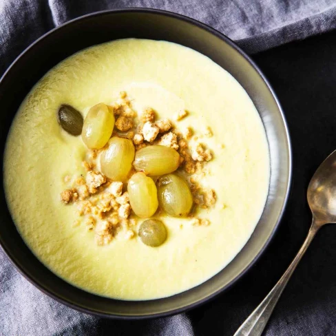 Celery Soup With Peanut Crumble and Pickled Grapes Recipe Image