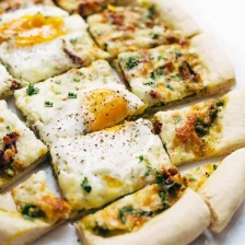 Breakfast Pizza with Kale Pesto and Sun Dried Tomatoes Recipe Page