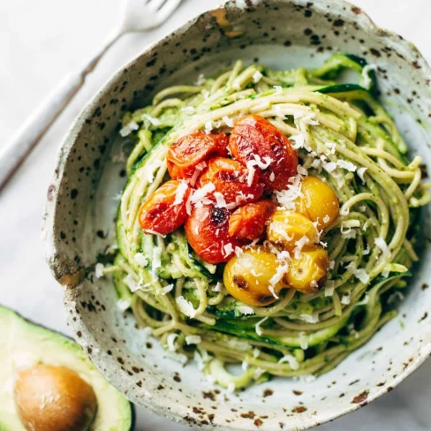 Burst Tomato And Zucchini Spaghetti With Avocado Sauce Image