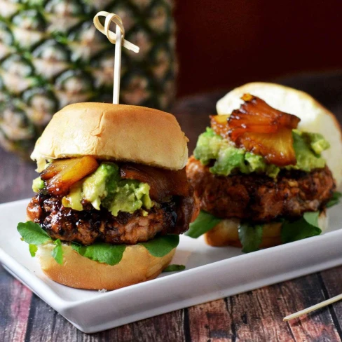 Mini Pineapple-Teriyaki-Glazed Salmon Burgers With Avocado Recipe Image