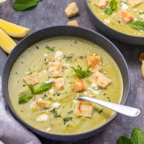 Green Pea &amp; Asparagus Soup with Feta, Mint &amp; Pita Croutons Image