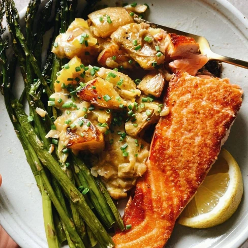 Spring Salmon with Creamed Leeks, Potatoes, and Asparagus Image