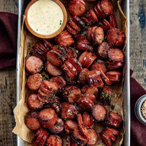 Mustard Hasselback Kielbasa Bites Image