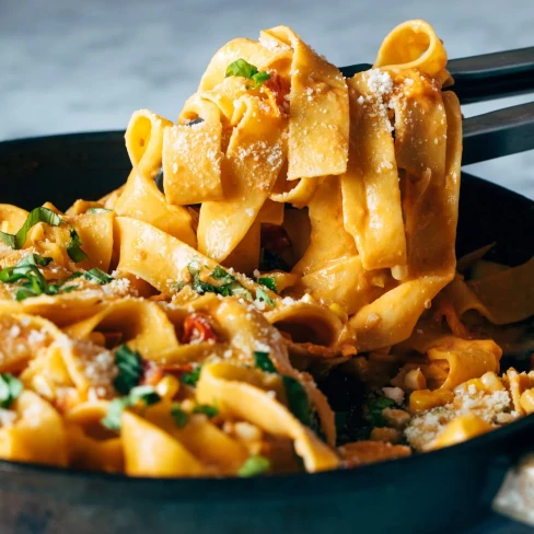 Burst Tomato Pappardelle with Zucchini, Sweet Corn, and Pan-Fried Chicken Image