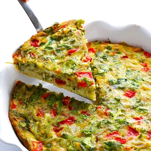 Baked Frittata with Roasted Red Peppers, Arugula and Pesto Image