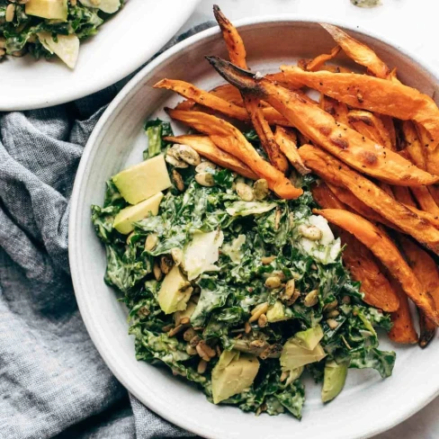 Avocado Kale Caesar Salad + Sweet Potato Fries Image