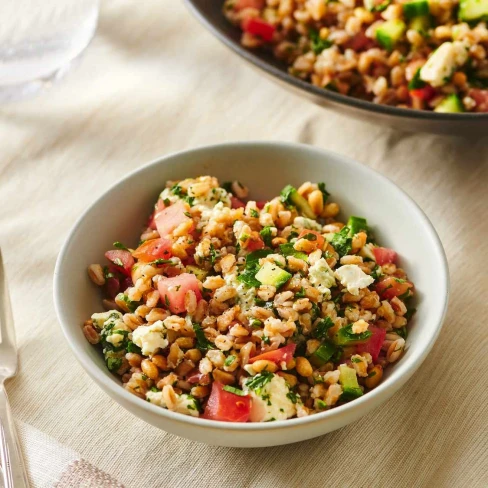 Farro Salad With Blue Cheese, Pine Nuts, and Tomatoes Recipe Image