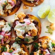 Cauliflower Black Bean Tostadas with Queso and Pickled Onion Recipe Page