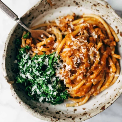 Creamy Pumpkin Spaghetti With Garlic Kale Image