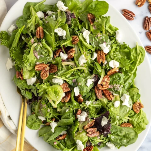 Mixed Green Salad with Goat Cheese, Glazed Pecans &amp; Maple Dijon Vinaigrette Image