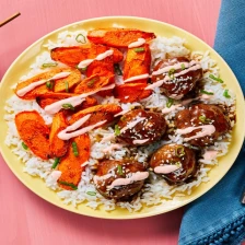 Beef Bulgogi Meatballs With Roasted Carrots, Ginger Rice &amp; Sriracha Crema Recipe Page