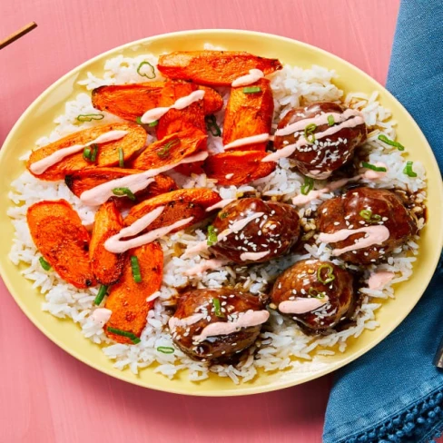 Beef Bulgogi Meatballs With Roasted Carrots, Ginger Rice &amp; Sriracha Crema Image