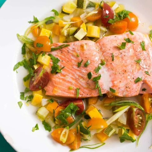 Salmon à la Nage (Poached in Broth) With Summer Vegetables Recipe Image