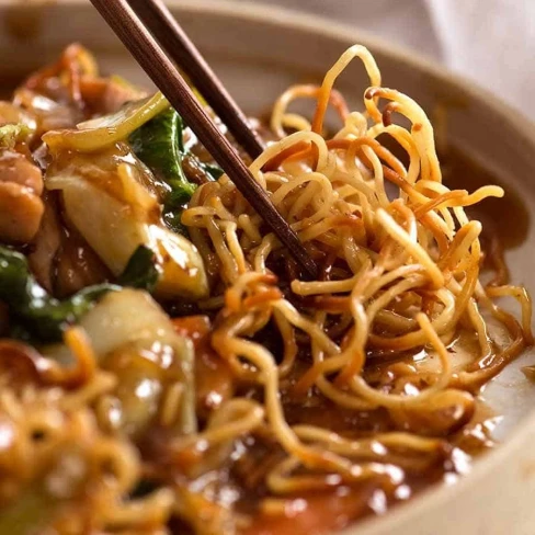 Chinese Crispy Noodles with saucy Chicken and Vegetables (crispy CHOW MEIN!) Image