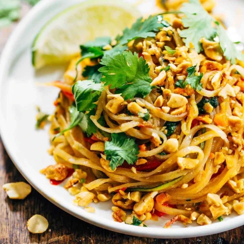 Rainbow Vegetarian Pad Thai with Peanuts and Basil Image