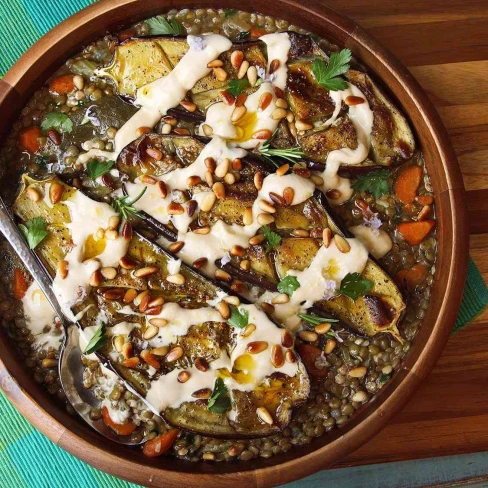 Roasted Eggplant With Tahini, Pine Nuts, And Lentils Recipe Image