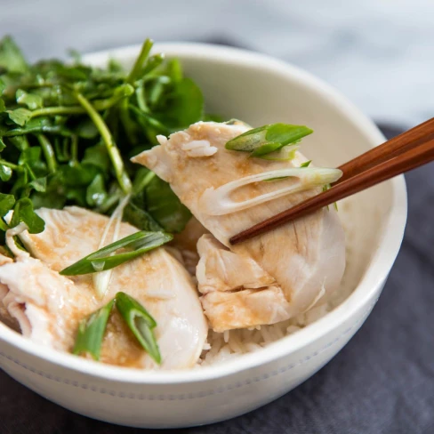 Juicy And Tender Poached Chicken With Watercress And Miso Dressing Image