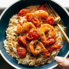 Garlic Shrimp and Tomatoes with Parmesan Orzo Recipe Page