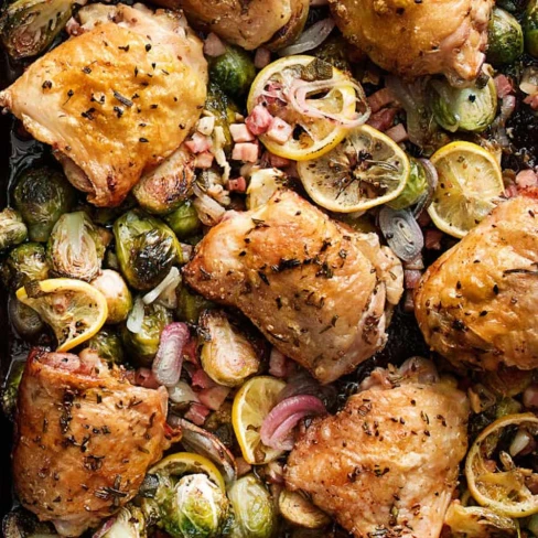 Sheet Pan Roasted Chicken Thighs With Brussels Sprouts Image