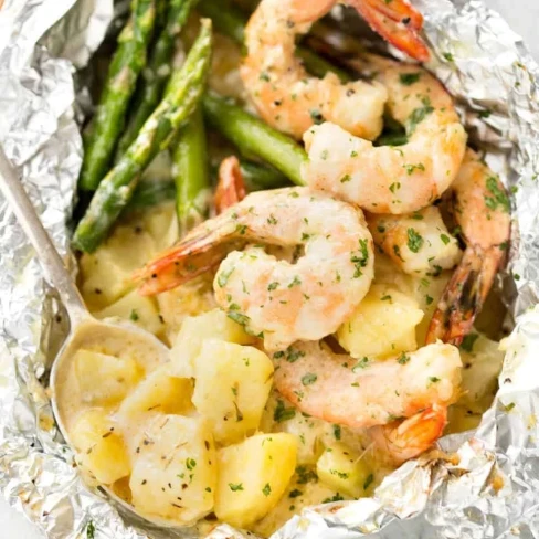 Creamy Garlic Prawns / Shrimp and Cheesy Potatoes Foil Packet Recipe Image