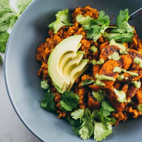 Rice And Lentil Curry Bowls With Cilantro Cashew Sauce Image