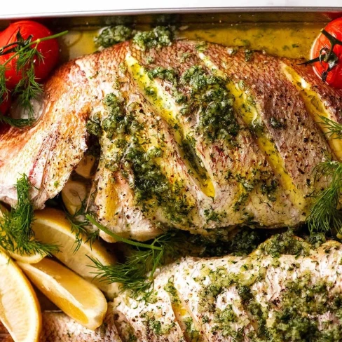 Whole Baked Fish – Herb-stuffed with Garlic &amp; Dill Butter Sauce Image