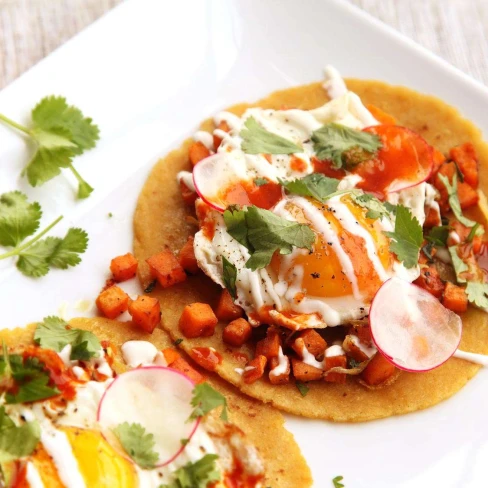 Sweet Potato, Sage, And Fried Egg Tacos Recipe Image