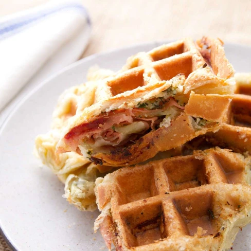 Savory Mortadella, Garlic, And Caper Puff-Pastry Waffle Recipe Image