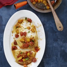 Pan-Seared Halibut with Cherry Tomatoes &amp; Basil Recipe Page