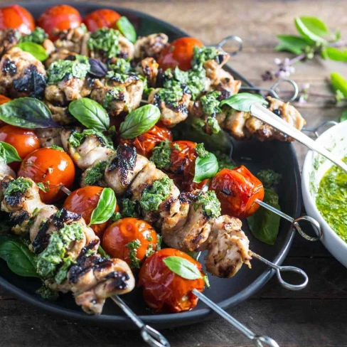 Grilled Lemon-Garlic Chicken and Tomato Kebabs With Basil Chimichurri Recipe Image