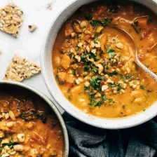 Spicy Peanut Soup with Sweet Potato + Kale Recipe Page