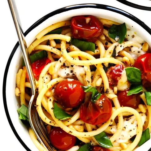 Garlicky Pasta with Burrata, Basil and Burst Cherry Tomatoes Image