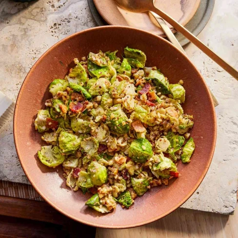 Warm Brussels Sprout Salad With Bacon and Hazelnut Vinaigrette Image