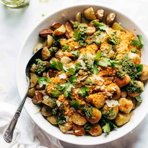 Mini Chicken Meatballs with Crispy Potatoes and Romesco Image