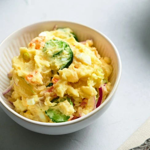 Japanese Potato Salad With Cucumbers, Carrots, And Red Onion Image