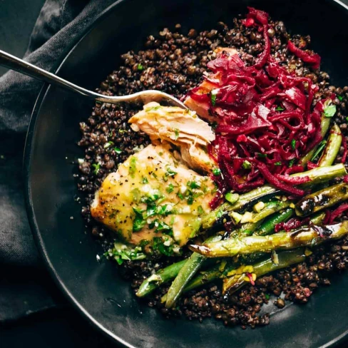 Perfect Baked Salmon With Lentils And Lemon Herb Sauce Image