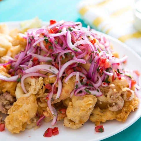 Jalea (Peruvian Fried Seafood Platter With Lime-Marinated Onion &amp; Tomato Salad) Image