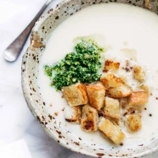 5 Ingredient Creamy Cauliflower Soup With Kale Pesto Recipe Page
