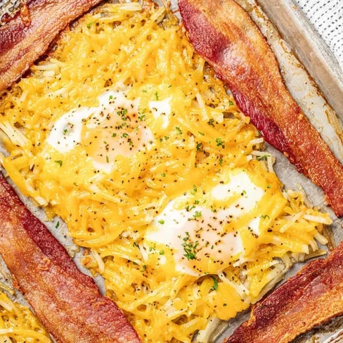 One Pan Breakfast Bake with Bacon, Hash Browns, and Eggs Image