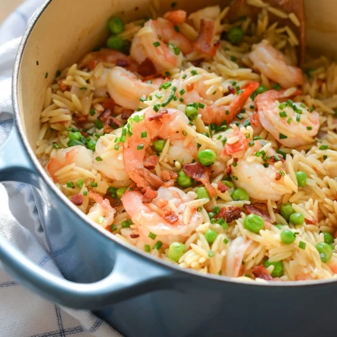 Orzo Risotto with Shrimp, Peas &amp; Bacon Image