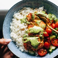 Salmon with Basil Sauce and Tomato Salad Recipe Page